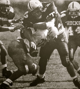 Brian Stewart swallows up a Miner running back for a big stand.