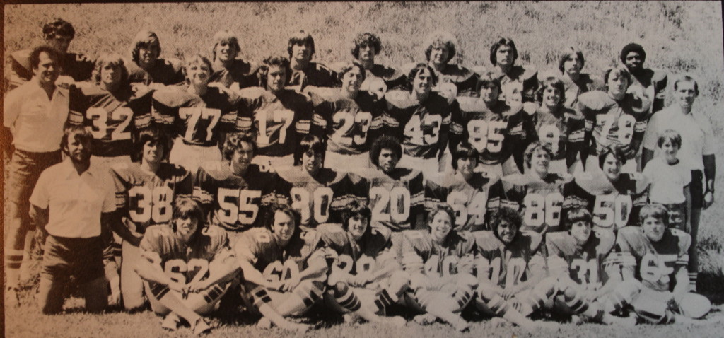 Front Row: Larry Eichele, Mike Hall, Russ Haswell, Russ Brown, Troy Guzman, Mike Metcalfe, Brad Illes. Second Row: Coach Brolliar, Paul Heron, Richard Brewer, Donald Smith, Robert Smith, Scott Reid, Mike Graham, Brian Arney, Matt Curtis. Third Row: Coach Barrett, Bob McPherson, Justin Jensen, Jerry Sassarini, Ron Wunn, David Glenn, Mike Delaney, Rich Redding, Jeff Robinson, Coach Curtis. Back Row: Bruce Estabrook, Rodney Wells, Bob Gebhardt, Greg Sharpes, Mark Mullins, Roger Boren, Dennis Bright, Mark English, Brian Conston. 