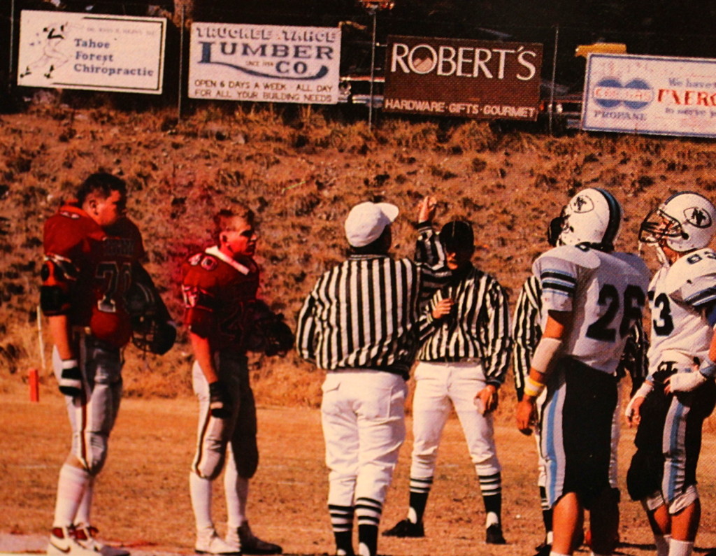 (70) Keith (Beef) Williams and (40) Ron Collins represent Truckee at the coin to in the "Biggest Little Football Game" vs rival Norh Tahoe