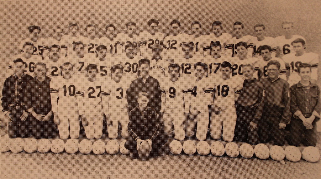 Front Row: Team manager Ken Vaughn, Jim Crawford, Wesley Ball, Chester Petrocchi, Tom Sheehan, Team Manager Pat Griffith, Carroll Ballard, Jim Vahey, Frank Giovannoni, Team Manager Kit Schull, Manager Jay Mandeville, Manager Jim Allen, Front and center Gene Germain; Middle Row: Doug Wilson, Dave Germain, Erwin Single, Mike Soltau, Charles Aydelotte, Coach Brehler, Roger Holbrook, Bill Wright, Wayne Germain, Bob Sanford, Gary Brumbaugh; Back Row: Jay Stuart, Hugh Van Hooser, Ken Lavery, Dick Mandeville, Jerry Quam, Bill McClain, Clyde Mandeville, Tom Dolley, Joe Copeland, Lewis Fellows, Bill Pert, Jack Van Hooser, Bill Barr