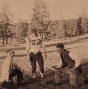 Coach Farley game plans with senior captain Marty Kumle. Kumle was a linebacker and running back for the Wolverines. 