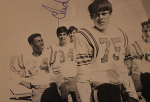 (24) Paul Miles was the first African American to play Truckee Football. Also in the photo (84) Penino, (75) Marvin Banta, and (60) Roger Anderson