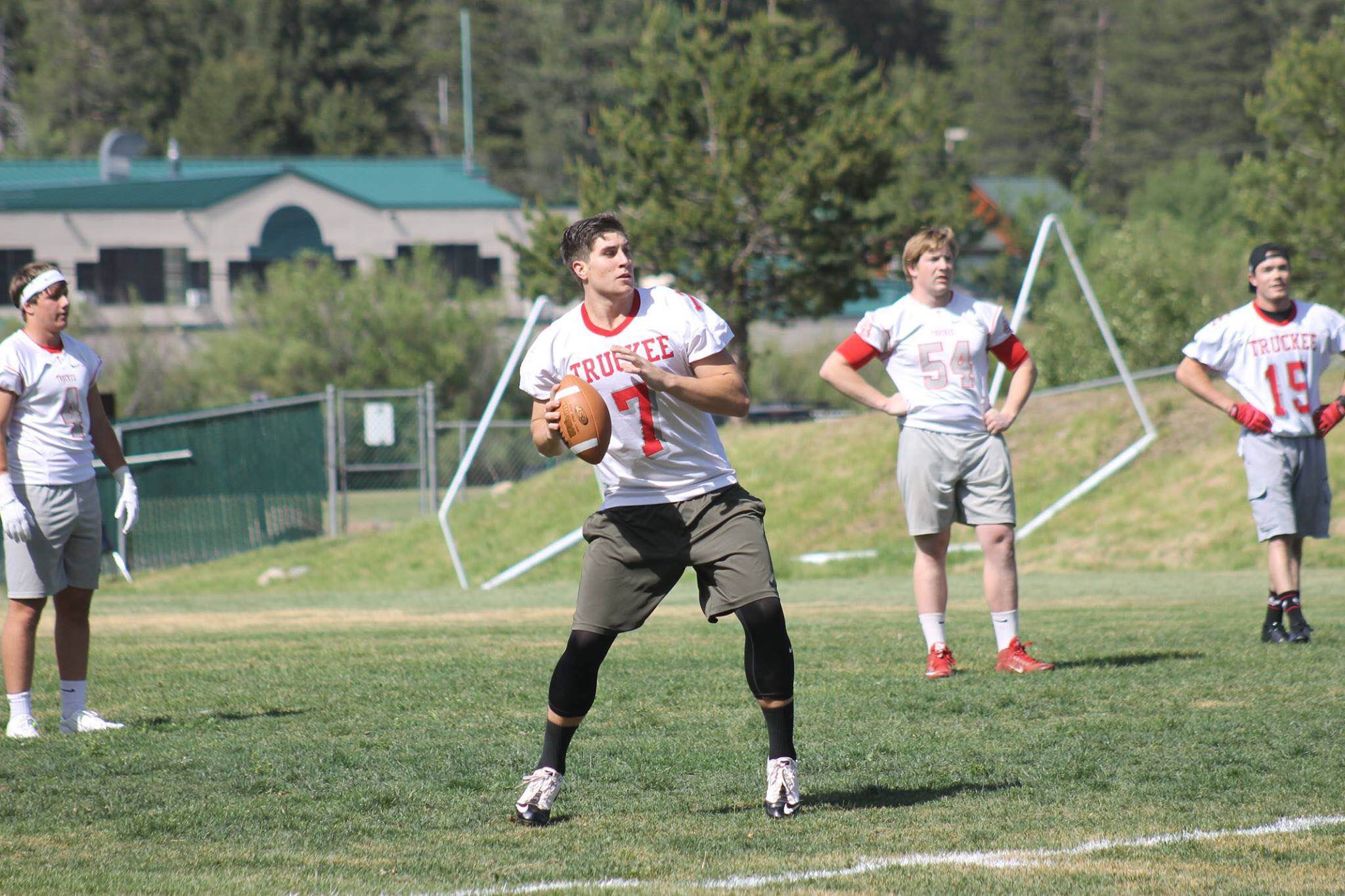 Ben Bolton is arguably the best QB to come through Truckee. He proved why in the Red vs White game. Number 15, Mitch Nelson, looks on in the background…one of Ben's favorite targets.